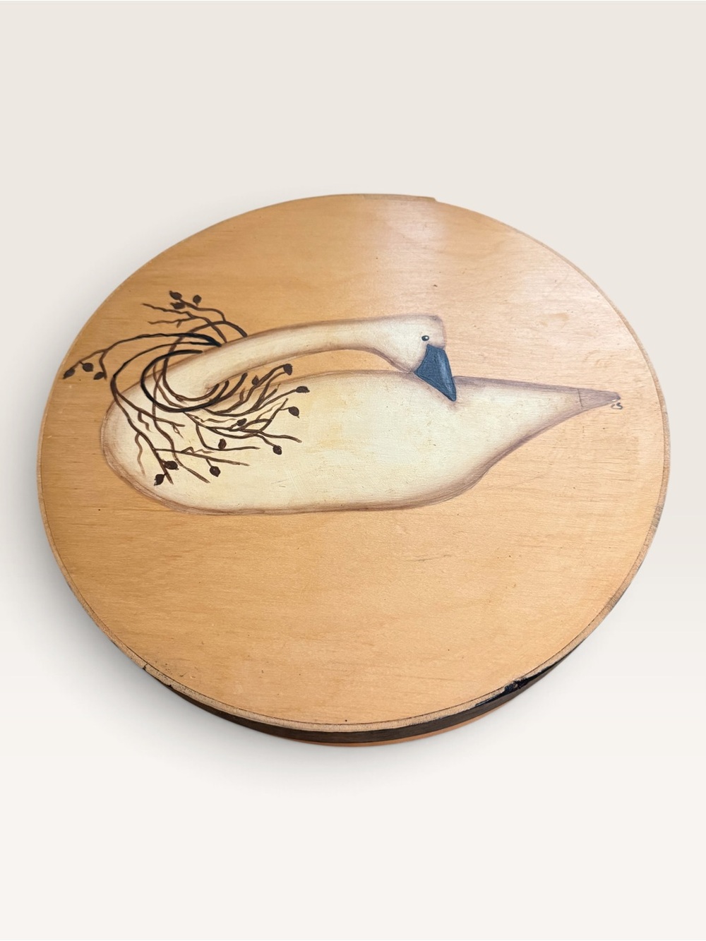 Primitive Folk Art Wooden Pantry Box Featuring A Hand-Painted Swan
